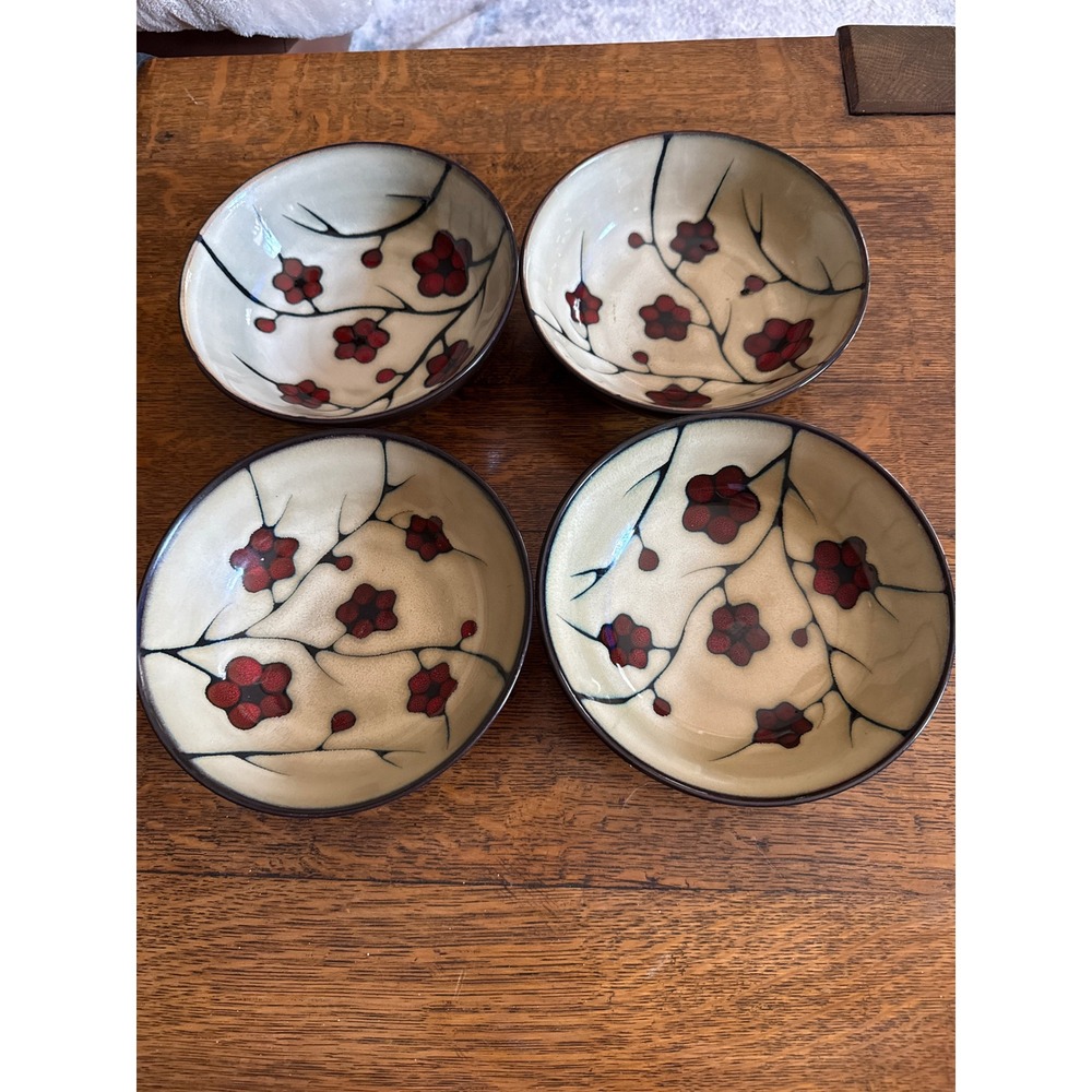 Pfaltzgraff Studio Aster Bowls Set of 4 Brown Tan Red Floral Cherry Blossom 7.75